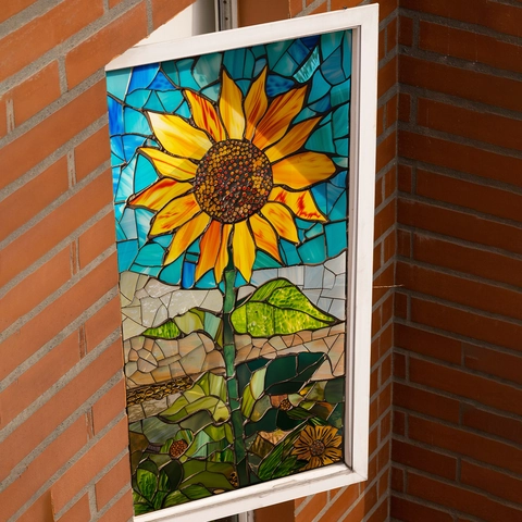 Pegatina Ventana Estilo Vidriera Girasol Adhesión Estática PVC Doble Cara Visible Translúcida Película Decorativa Arte Mosaico