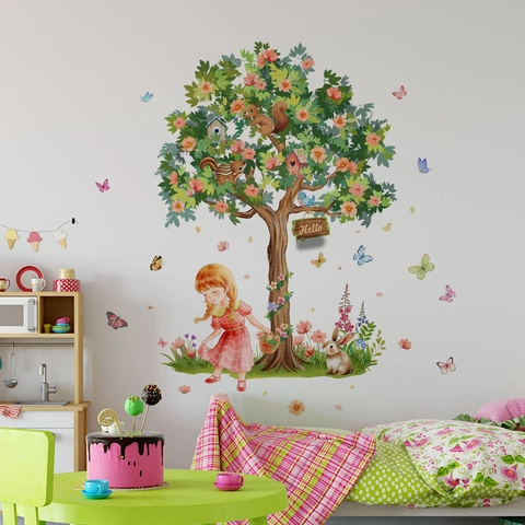Cartoon Wald Baum Mädchen Tier Wandaufkleber PVC Abnehmbare Selbstklebende Dekoration Für Kinderzimmer
