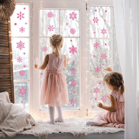 Pinke Schneeflocken Fensteraufkleber Weihnachten Statisch Haftende Sticker Glitzer Doppelseitig Winter Deko Für Glas Ornaments