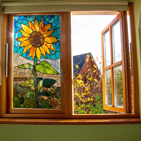 Pegatina Ventana Estilo Vidriera Girasol Adhesión Estática PVC Doble Cara Visible Translúcida Película Decorativa Arte Mosaico