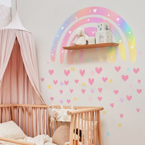 Stickers Muraux Arc-En-Ciel Cœur Étoile PVC Coloré Auto-Adhésif Décor Pour Chambre D'Enfant Salle De Jeux Style Macaron