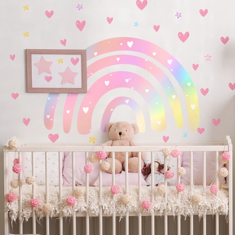 Stickers Muraux Arc-En-Ciel Cœur Étoile PVC Coloré Auto-Adhésif Décor Pour Chambre D'Enfant Salle De Jeux Style Macaron