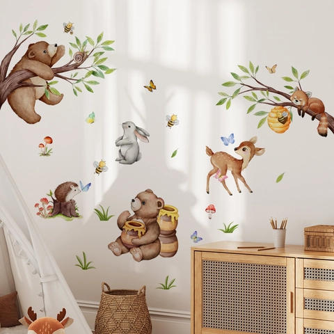 Stickers Muraux Animaux de la Forêt Aquarelle Ours Cerf Lapin Décalcomanies en PVC Amovibles pour Décoration de Chambre d'Enfant