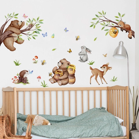 Stickers Muraux Animaux de la Forêt Aquarelle Ours Cerf Lapin Décalcomanies en PVC Amovibles pour Décoration de Chambre d'Enfant
