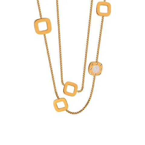 Collier Long Pull Maille Boîte Géométrique Carré Cœur Acier Titane Plaqué Or Diamant Tchèque Élégant Bijoux Femmes