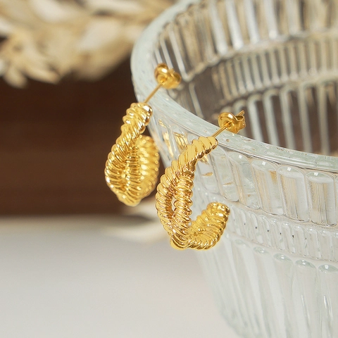 Pendientes De Botón En Forma De C Con Cuerda Torcida Para Mujer Acero Inoxidable Textura Espiral Estilo Retro Francés