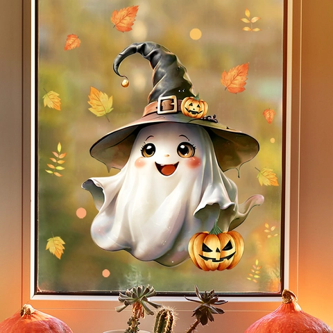 Halloween Cartoon Ghost Witch Hat Window Stickers Double Sided Static Cling Pumpkin Maple Leaf Glass Decals For Holiday Home Decoration