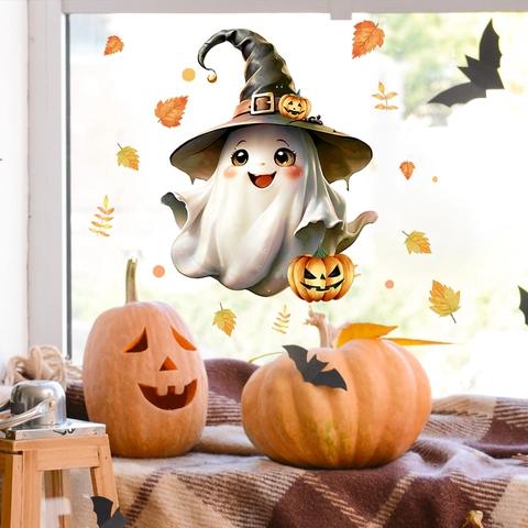 Halloween Cartoon Ghost Witch Hat Window Stickers Double Sided Static Cling Pumpkin Maple Leaf Glass Decals For Holiday Home Decoration