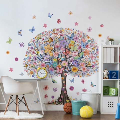 Schmetterling Blume Baum Wandaufkleber PVC Selbstklebend Wasserdicht Abnehmbare Dekore Für Wohnzimmer Kinderzimmer Schlafzimmer