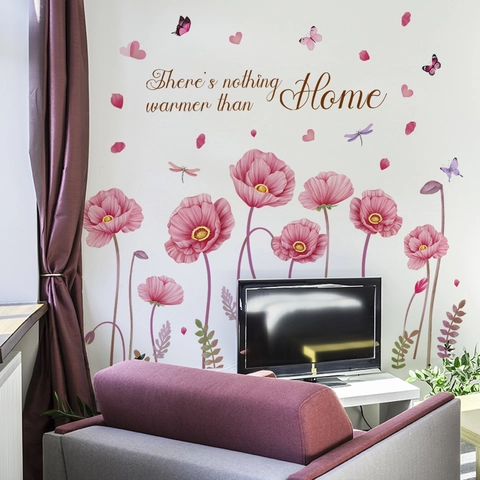 Muurstickers Roze Klaprozen Vlinder Libelle Citaat Waterdicht PVC Stickers Zelfklevend Kamer Decoratie