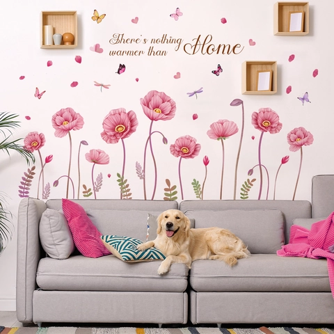 Muurstickers Roze Klaprozen Vlinder Libelle Citaat Waterdicht PVC Stickers Zelfklevend Kamer Decoratie