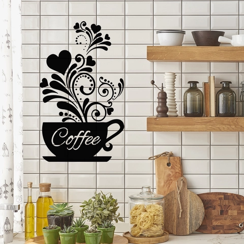 Coffee Cup Wall Sticker Vinyl Decal Kitchen Cafe Decoration Waterproof PVC Art Mural Heart Vine Silhouette Modern Home