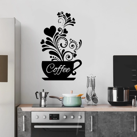 Coffee Cup Wall Sticker Vinyl Decal Kitchen Cafe Decoration Waterproof PVC Art Mural Heart Vine Silhouette Modern Home