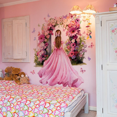 Meisje Roze Jurk Bloemenboog Muursticker PVC Dromerige Vlinder Aquarel DIY Verwijderbaar Decoratie Voor Slaapkamer