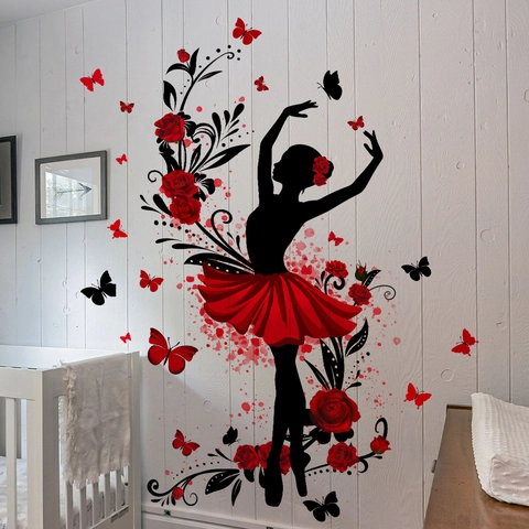 Ballett Tänzerin Wandsticker PVC Rote Rose Schmetterling Silhouette Abnehmbar Selbstklebend Heimdeko