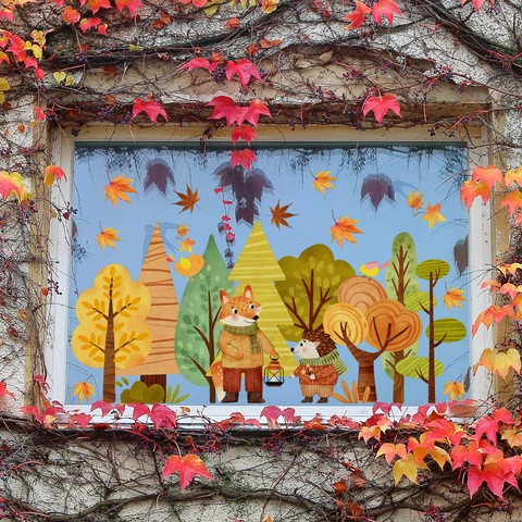 Autumn Forest Fox Hedgehog Maple Leaves Static Cling Window Stickers Double Sided Glass Decals Fall Thanksgiving Decor