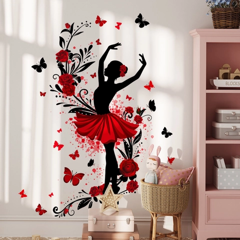 Ballett Tänzerin Wandsticker PVC Rote Rose Schmetterling Silhouette Abnehmbar Selbstklebend Heimdeko
