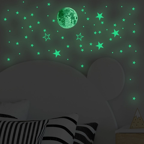 Glow In The Dark Wall Stickers Moon Stars Set Green Fluorescent Starry Sky Decals For Kids Room Bedroom Ceiling DIY Decor