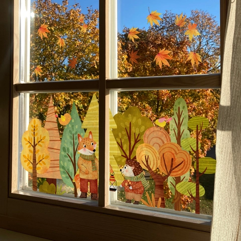 Autumn Forest Fox Hedgehog Maple Leaves Static Cling Window Stickers Double Sided Glass Decals Fall Thanksgiving Decor