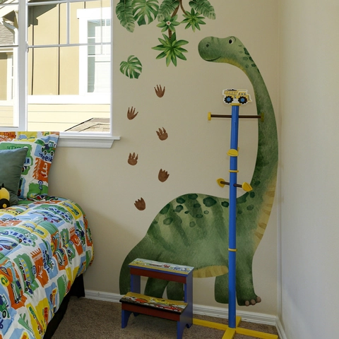 Stickers Muraux Dinosaure de Dessin Animé PVC Feuilles Vertes Arbre pour Chambre d'Enfant et Crèche