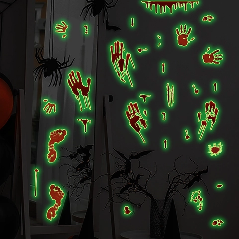 Halloween Luminous Luminous Wall Sticker Blood Handprint Footprint Fluorescent Wall Sticker PVC Horror Decal For Window Party Decor