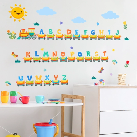 Autocollants Muraux Train Alphabet Dessin Animé ABC Éducatif PVC Amovible Décoration Chambre Enfant Auto-Adhésif