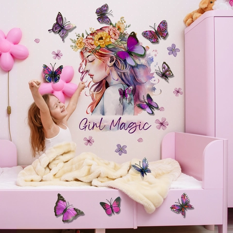 Aquarell Girl Magic Wandaufkleber PVC Abnehmbar Deko Schlafzimmer Kinderzimmer Blumen Schmetterling Kunst Ästhetik