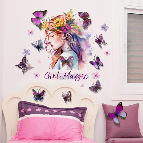Aquarell Girl Magic Wandaufkleber PVC Abnehmbar Deko Schlafzimmer Kinderzimmer Blumen Schmetterling Kunst Ästhetik