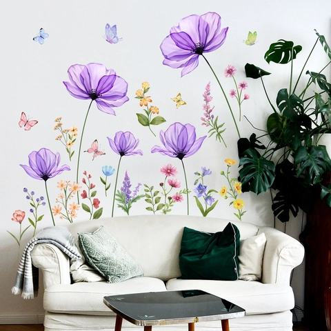 Adesivo da Parete Creativo con Fiori Viola e Farfalle in PVC Autoadesivo Acquerello Decalcomania Floreale per Soggiorno Camera da Letto