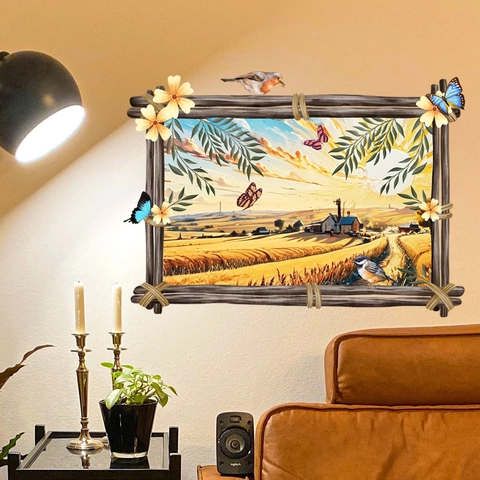 Sticker Mural Paysage Rural Réaliste 3D Faux Cadre Fenêtre Rizière Ferme Oiseau Papillon Imperméable PVC Décoration Maison Murale