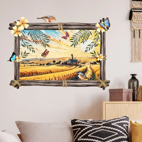 Sticker Mural Paysage Rural Réaliste 3D Faux Cadre Fenêtre Rizière Ferme Oiseau Papillon Imperméable PVC Décoration Maison Murale