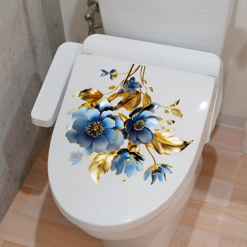 Creative Blue Gold Flower Toilet Lid Sticker Removable PVC Waterproof Bathroom Home Decor Floral Wall Art Decal