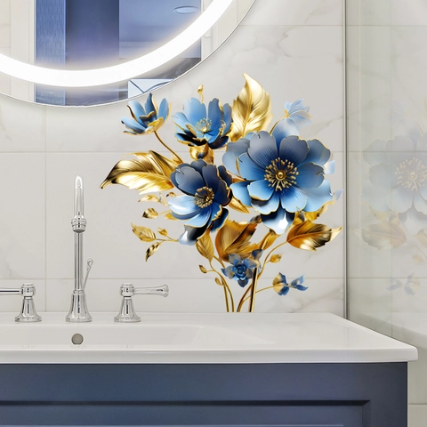 Creative Blue Gold Flower Toilet Lid Sticker Removable PVC Waterproof Bathroom Home Decor Floral Wall Art Decal