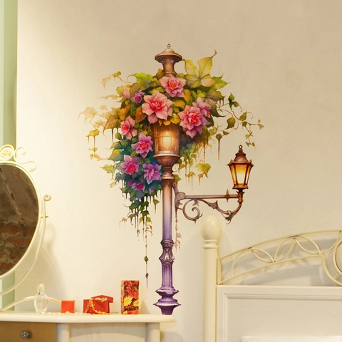 Pegatina de Pared Vintage Farola Floral PVC Impermeable Removible Acuarela Flor Calcomanía Para Dormitorio Sala