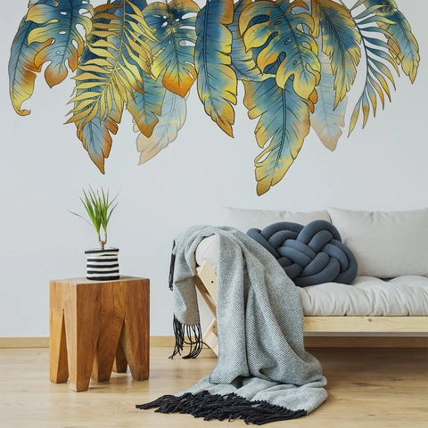 Autocollants Muraux Feuilles Monstera Tropicales PVC Imperméable Amovible Auto-adhésif Nordique Moderne Luxe Décor De Fond