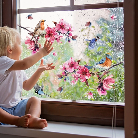 Statische Fensteraufkleber Vogel Pfirsichblüte Zweig Doppelseitig Sichtbar Wasserdicht PVC Dekorative Glasaufkleber Haus