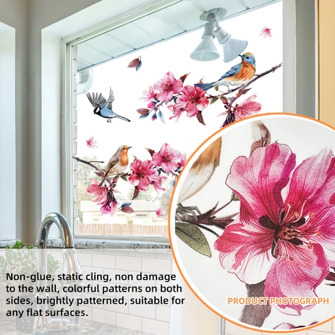 Statische Fensteraufkleber Vogel Pfirsichblüte Zweig Doppelseitig Sichtbar Wasserdicht PVC Dekorative Glasaufkleber Haus