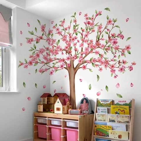 Grande Adesivo Murale Albero Di Pesco Rosa Con Uccelli Fiori Foglie Adesivi In Vinile PVC Rimovibili Per Camera Da Letto