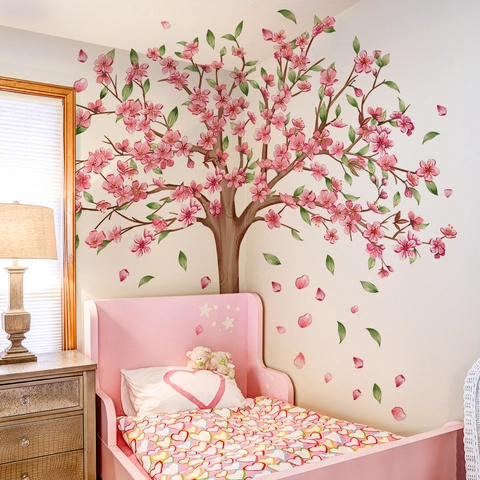 Grande Adesivo Murale Albero Di Pesco Rosa Con Uccelli Fiori Foglie Adesivi In Vinile PVC Rimovibili Per Camera Da Letto