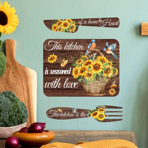 Kitchen Wall Sticker Sunflower PVC Decor Cutlery Knife Fork Wood Grain Farmhouse Rustic Heart Quote Wall Decal