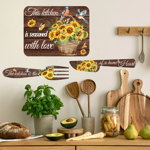 Kitchen Wall Sticker Sunflower PVC Decor Cutlery Knife Fork Wood Grain Farmhouse Rustic Heart Quote Wall Decal