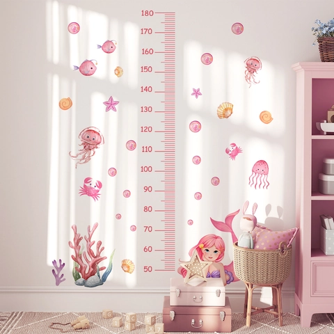 Cartoon Mermaid Ocean Life Height Chart For Girls Room Nursery Decor Removable Waterproof PVC Wall Decal Pink Sea Creatures
