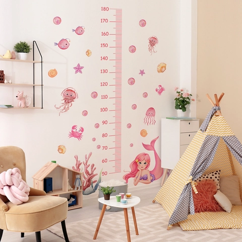 Cartoon Mermaid Ocean Life Height Chart For Girls Room Nursery Decor Removable Waterproof PVC Wall Decal Pink Sea Creatures