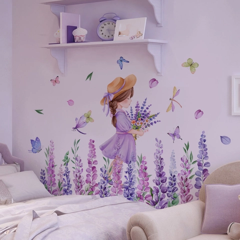 Cartoon Girl Lavender Flower Wall Decal Butterflies PVC Self Adhesive Removable Wall Sticker For Kids Bedroom Nursery Decor