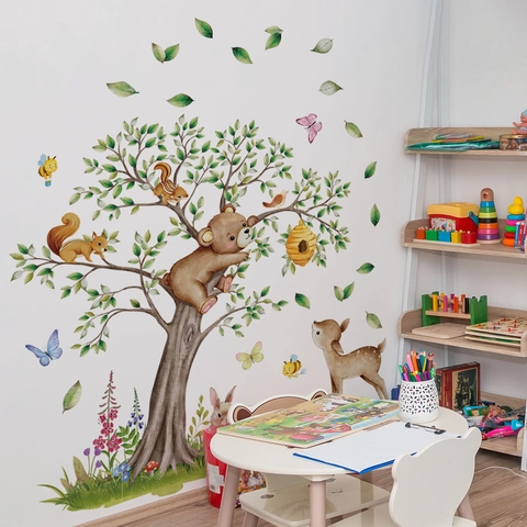 Cartoon Forest Animals Tree Wall Stickers For Kids Room Nursery Removable Waterproof PVC Watercolor Woodland Decals Decor