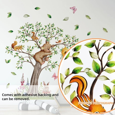 Cartoon Forest Animals Tree Wall Stickers For Kids Room Nursery Removable Waterproof PVC Watercolor Woodland Decals Decor