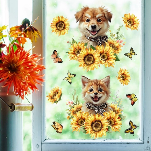 Süße Katze Hund Sonnenblume Schmetterling Statische Fensteraufkleber Doppelseitige PVC Glasaufkleber Für Haus Dekoration