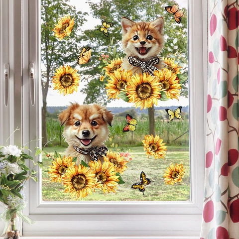 Süße Katze Hund Sonnenblume Schmetterling Statische Fensteraufkleber Doppelseitige PVC Glasaufkleber Für Haus Dekoration