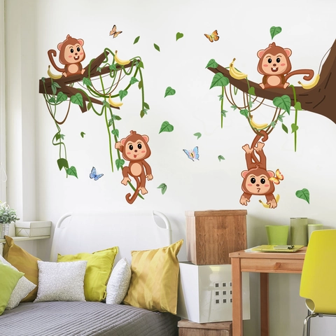Cartoon Affe Rebe Wandaufkleber Wasserdichtes PVC Schmetterling Dschungel Thema Für Kinderzimmer Kindergarten Dekoration