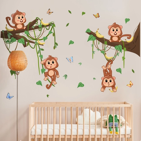 Cartoon Affe Rebe Wandaufkleber Wasserdichtes PVC Schmetterling Dschungel Thema Für Kinderzimmer Kindergarten Dekoration
